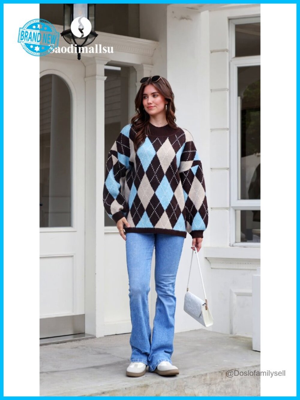 Womens Oversized Argyle Tunic Sweater Chunky Knit Pullover - Picture 4 of 4